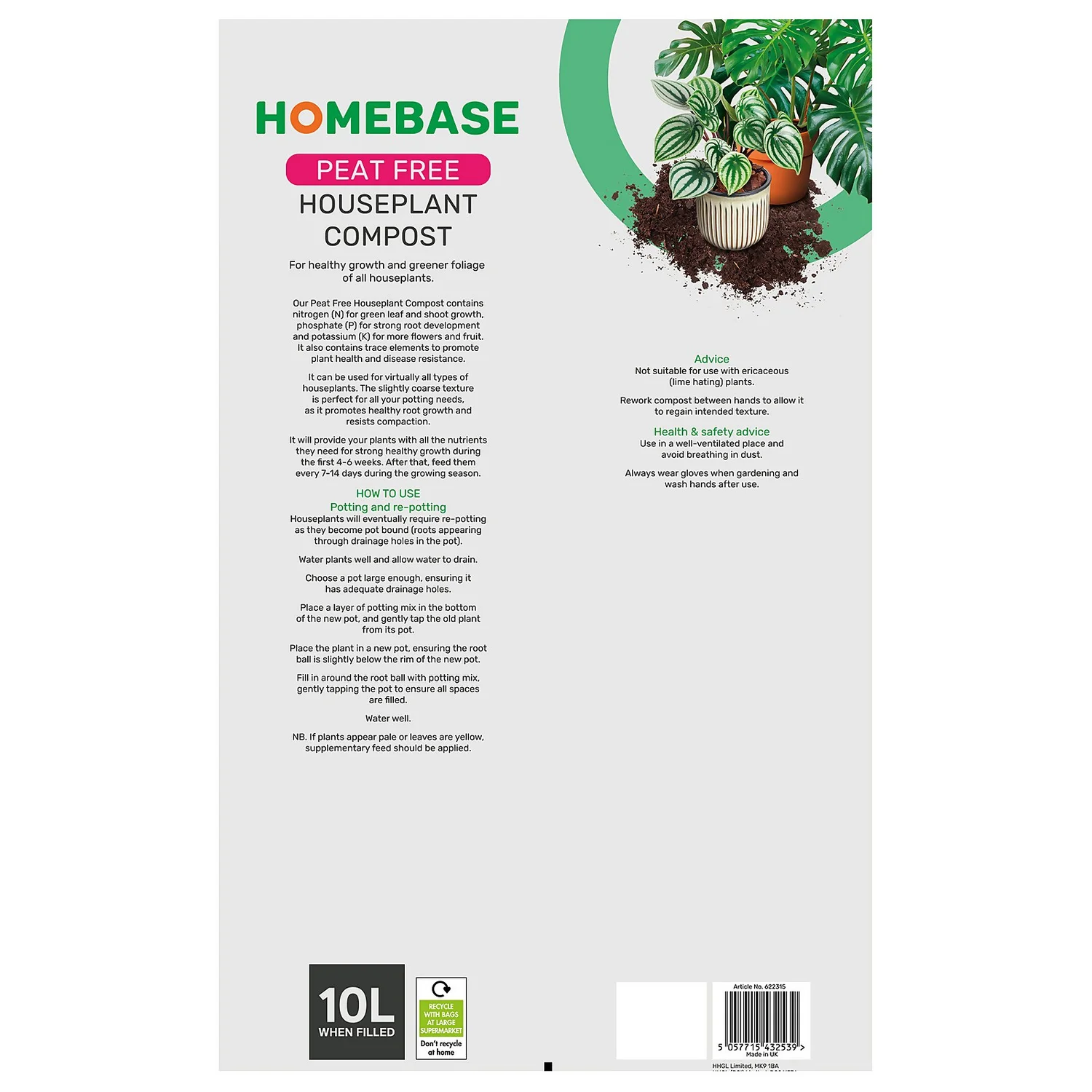 Homebase Peat Free Houseplant Compost -10L - Image 2