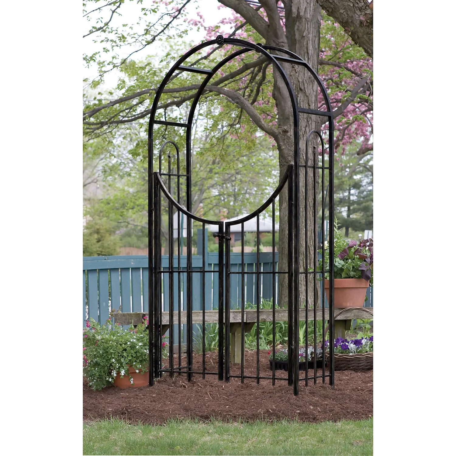 Panacea Arched Top Garden Steel Arch With Gate - Black - Image 2