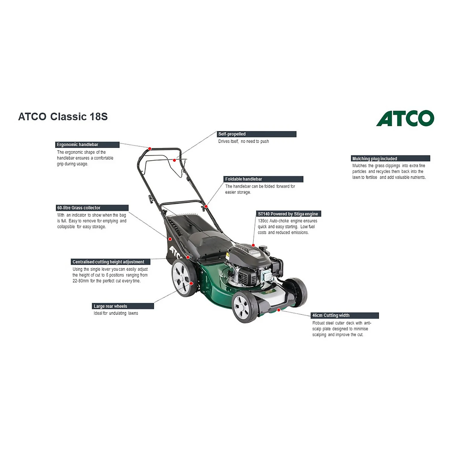 Atco 139cc Classic 18S Petrol Lawn Mower - 46cm - Image 3