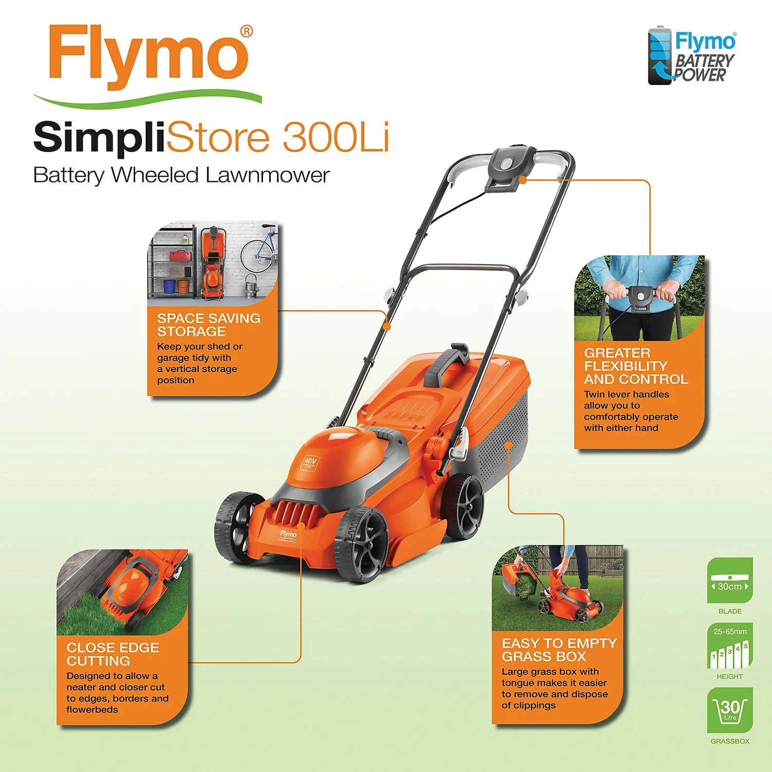 Flymo 40V SimpliStore 300R Li Cordless Lawn Mower - 30cm - Image 2