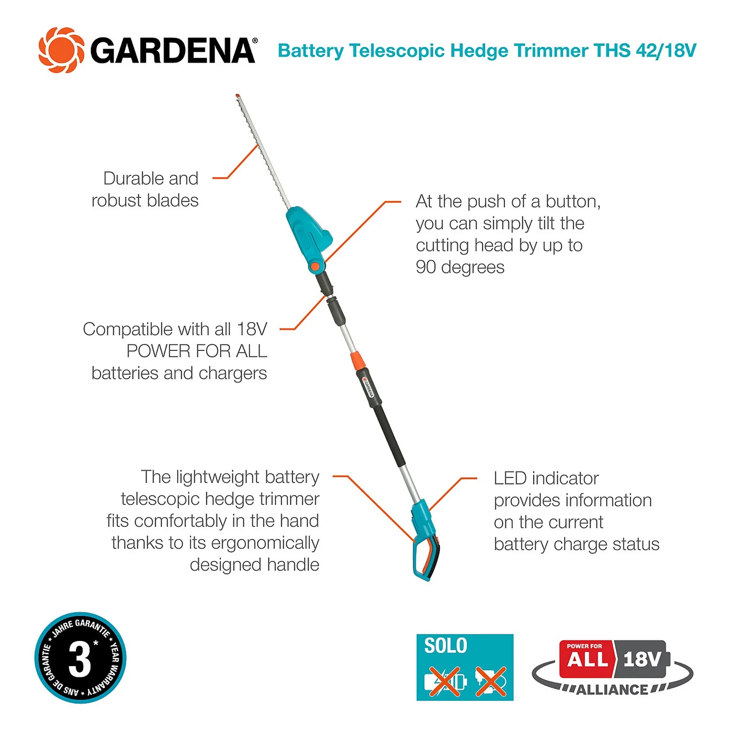 GARDENA Telescopic Cordless 18V Hedge Trimmer - Image 3