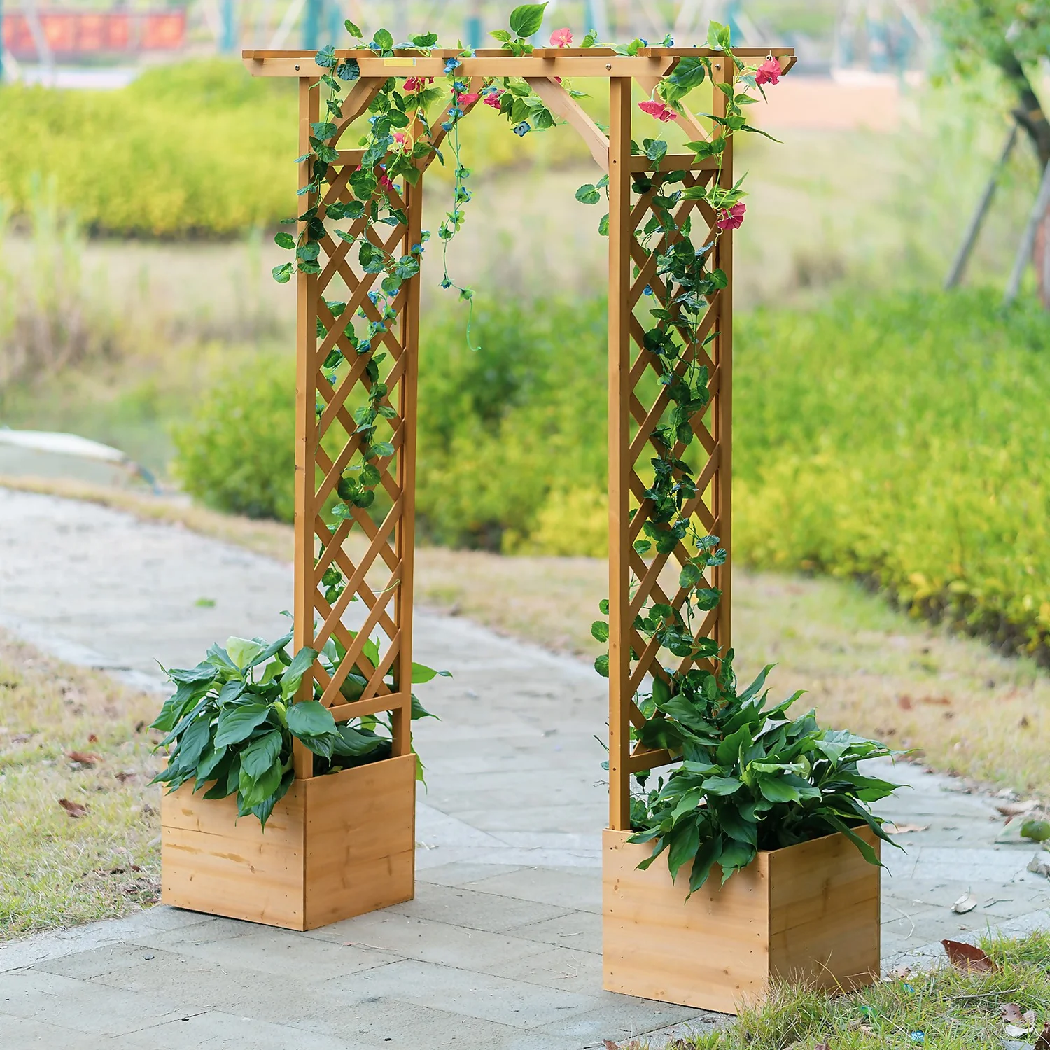 Homebase Wooden Garden Arched Trellis With Planters - Image 3