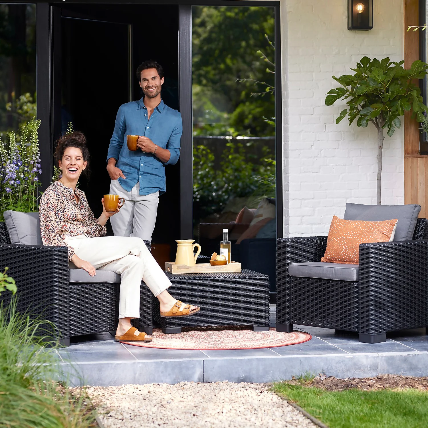 Keter California 2 Seater Outdoor Balcony Garden Furniture Set - Graphite With Grey Cushions - Image 2