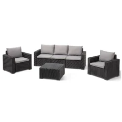 Keter California 5 Seater Outdoor Garden Furniture Sofa And Lounge Set - Graphite With Grey Cushions